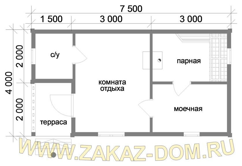 Проект одноэтажной бани из бруса (4х7.5 м) : Б-104