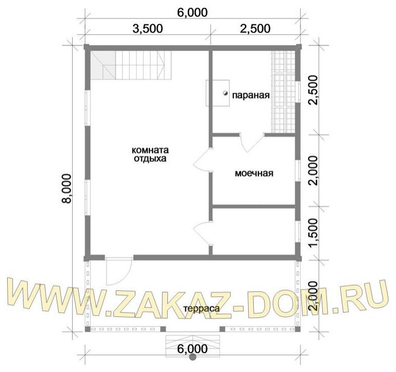 Проект бани с мансардой из бруса (6х8 м) : 2Б-11