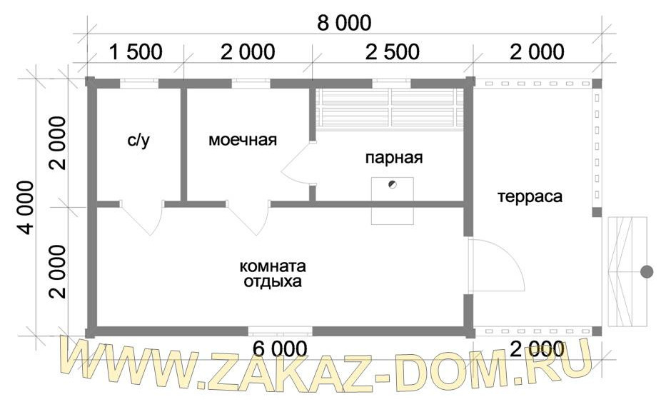 Проект одноэтажной бани из бруса (4х8 м) : Б-103