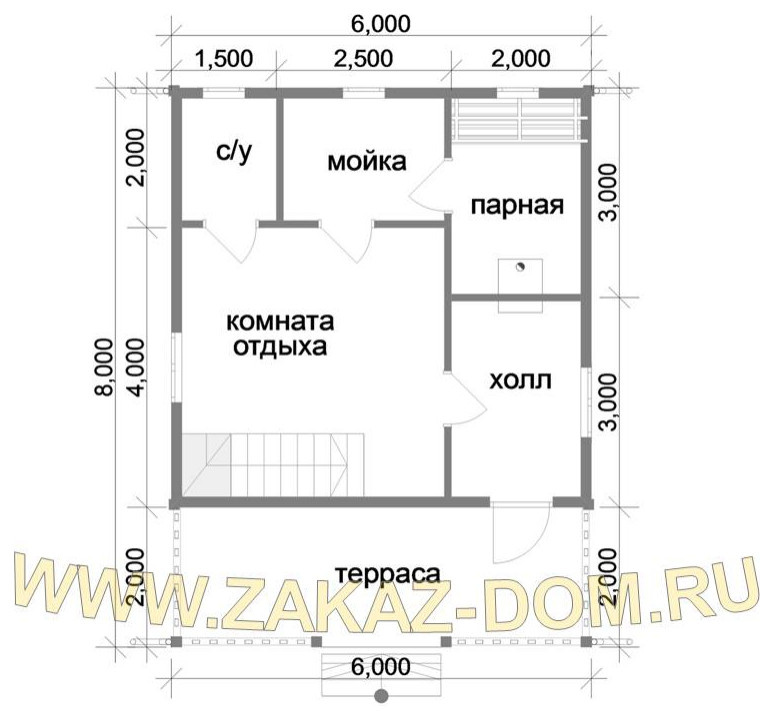 Проект бани с мансардой из бруса (6х8 м) : 2Б-13