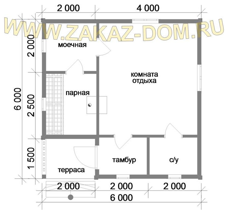 Проект одноэтажной бани из бруса (6х6 м) : Б-102