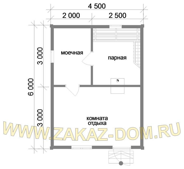 Проект одноэтажной бани из бруса (4.5х6 м) : Б-101