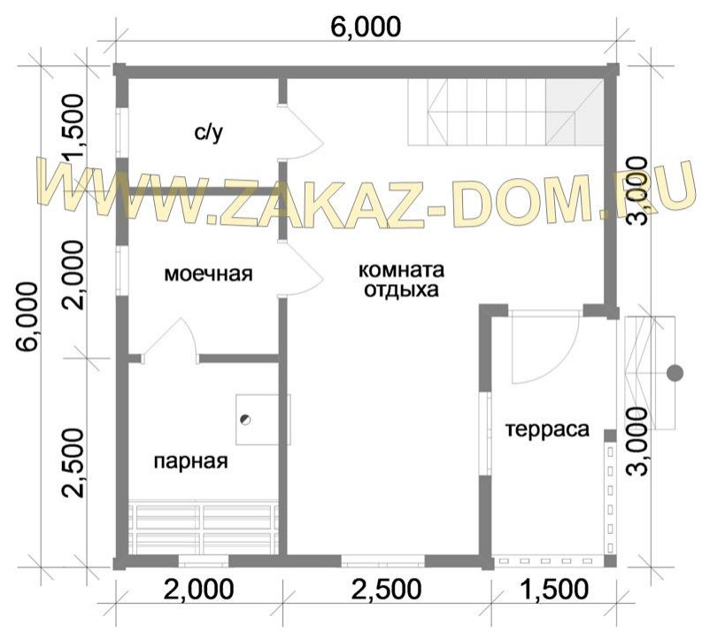 Проект бани с мансардой из бруса (6х6 м) : 2Б-16