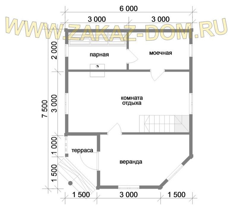 Проект бани с мансардой из бруса (6х7.5 м) : 2Б-43