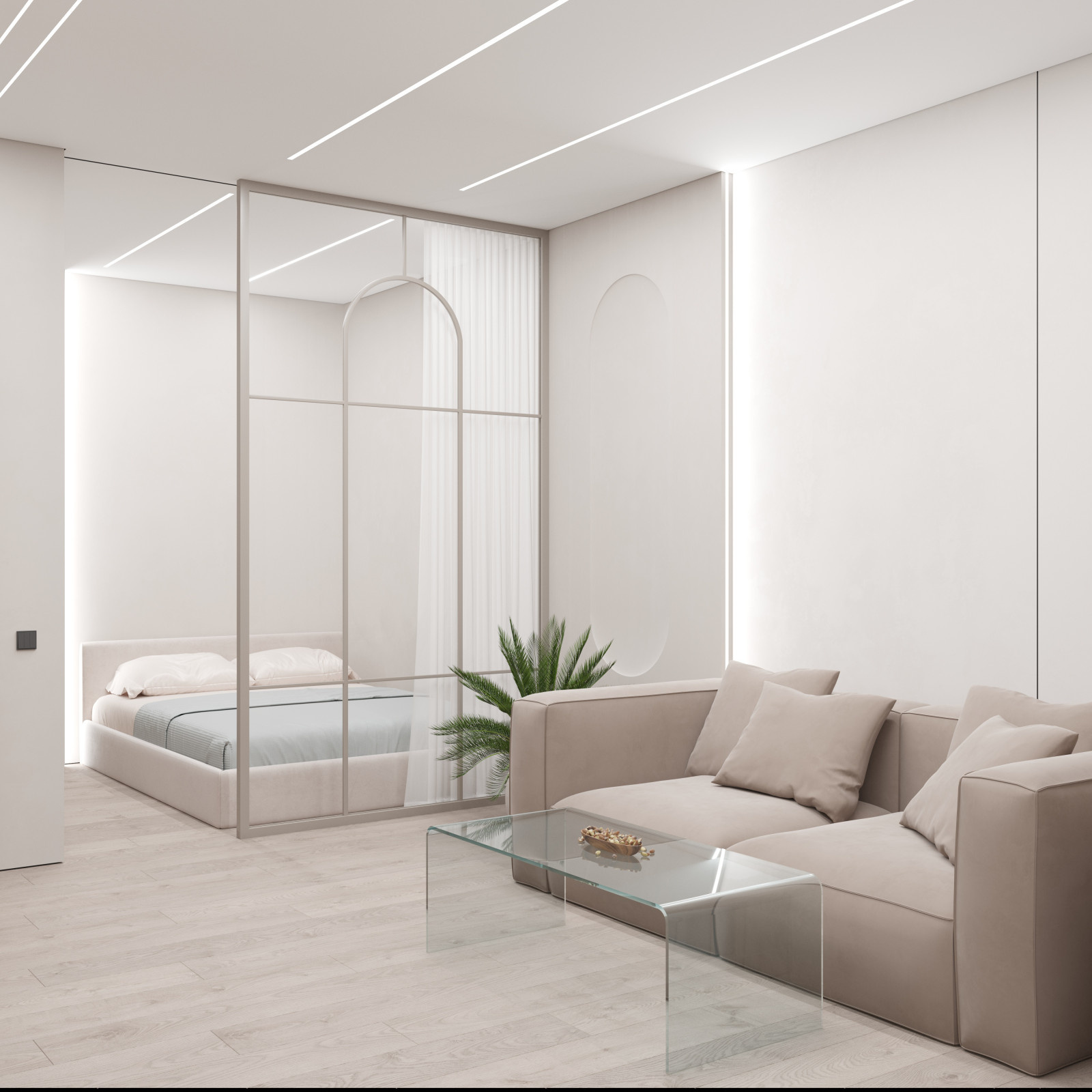 Стильная гостиная, совмещенная со спальней, в маленькой квартире.