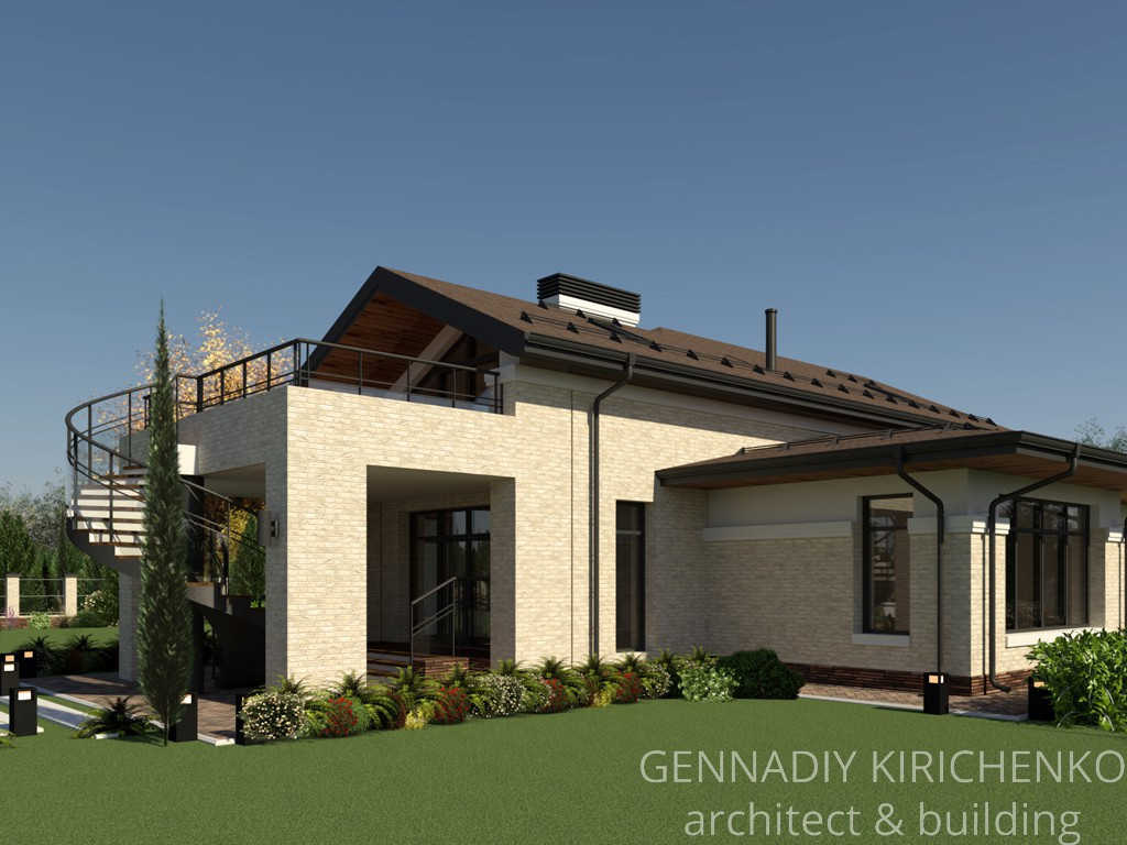 Проект двухэтажного дома с мансардой и навесом под два авто.