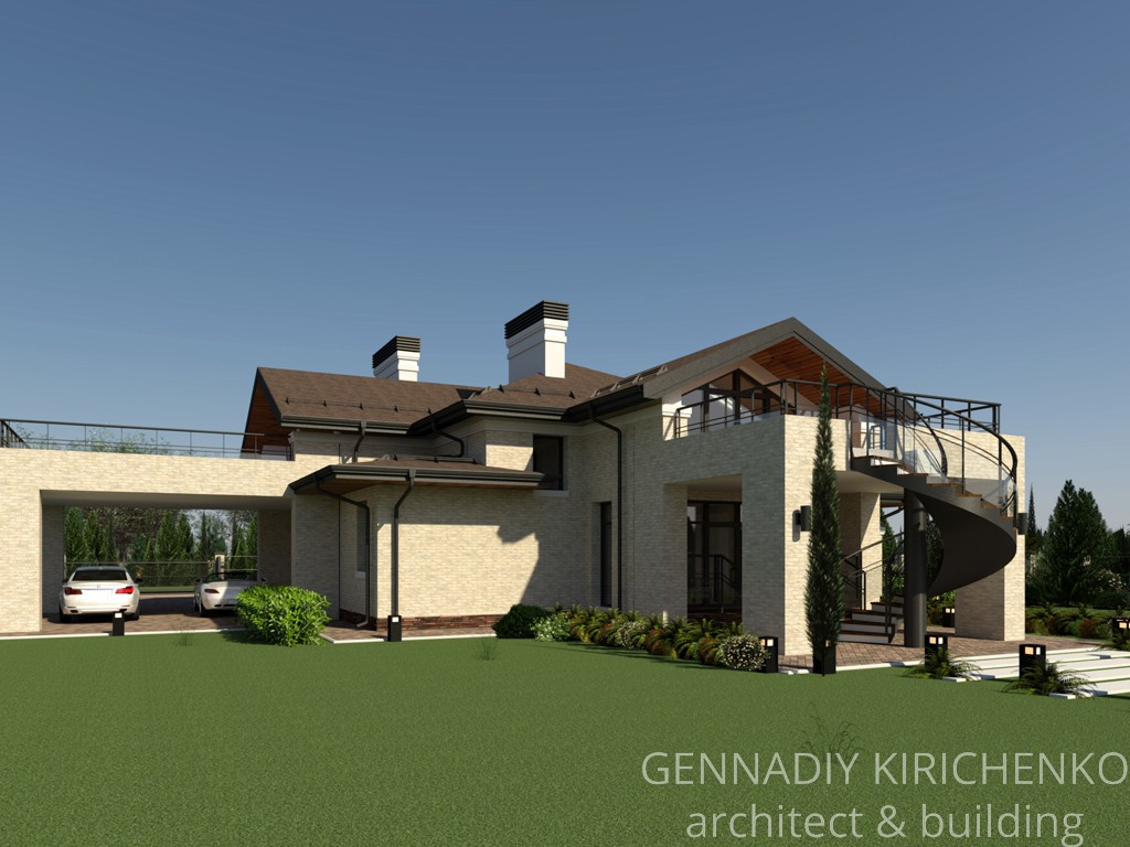 Проект двухэтажного дома с мансардой и навесом под два авто.