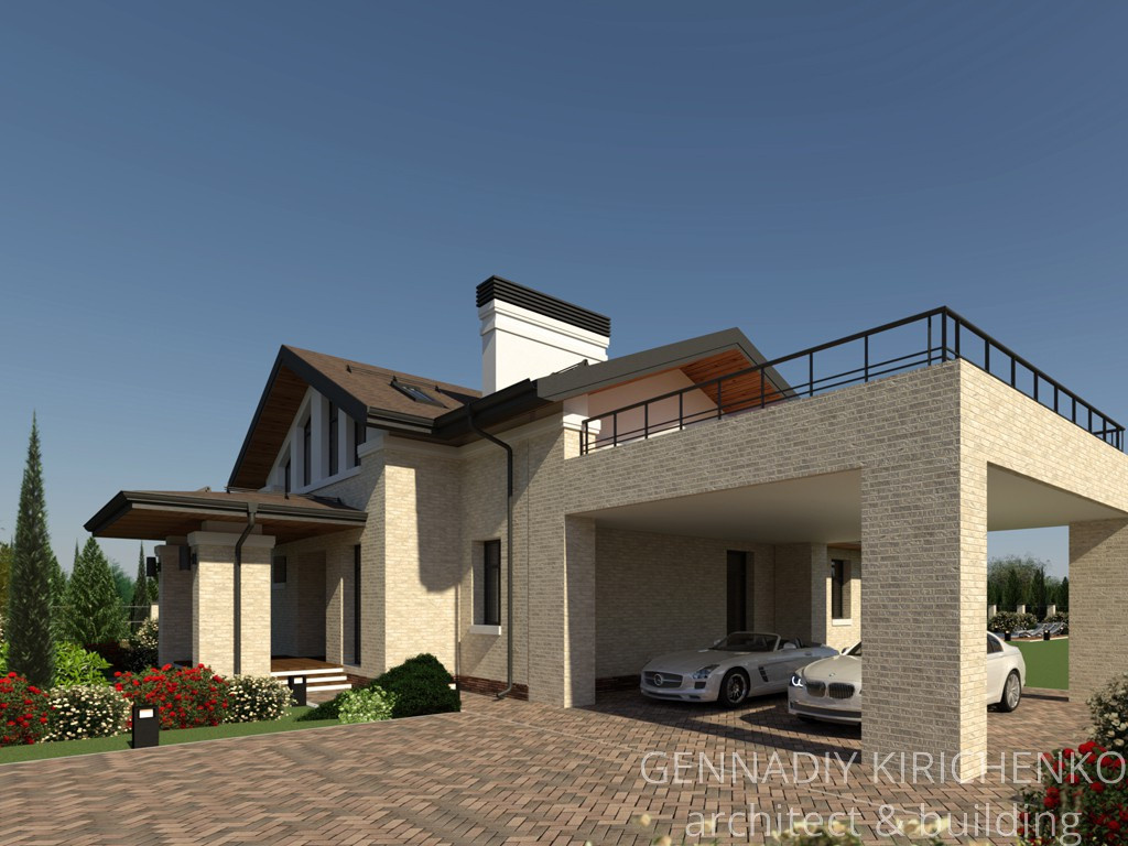 Проект двухэтажного дома с мансардой и навесом под два авто.