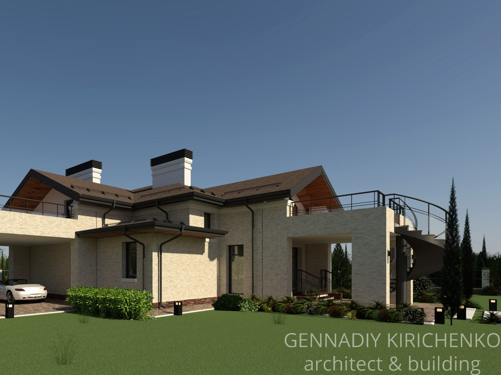 Проект двухэтажного дома с мансардой и навесом под два авто.