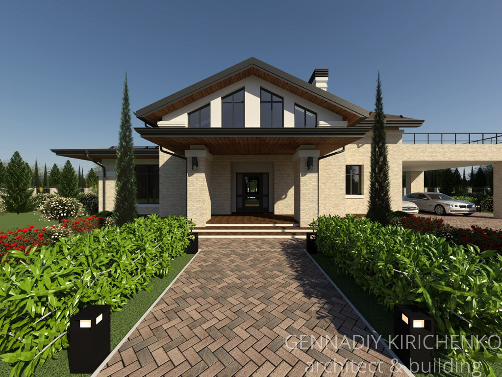 Проект двухэтажного дома с мансардой и навесом под два авто.