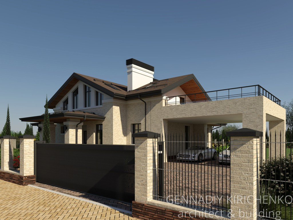 Проект двухэтажного дома с мансардой и навесом под два авто.