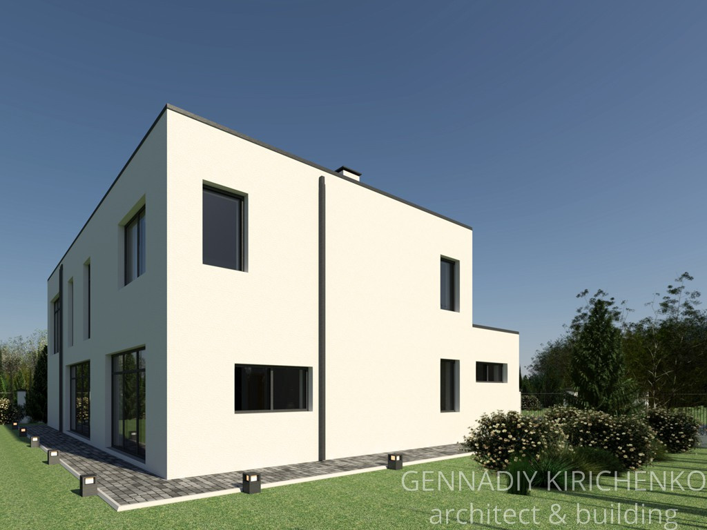 Проект двухэтажного дома с плоской кровлей и гаражом на 2 авто.