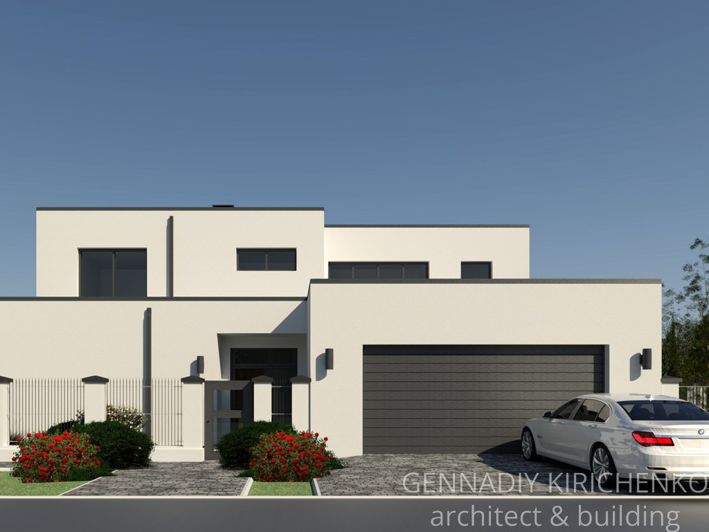 Проект двухэтажного дома с плоской кровлей и гаражом на 2 авто.