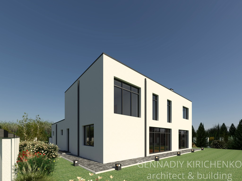 Проект двухэтажного дома с плоской кровлей и гаражом на 2 авто.