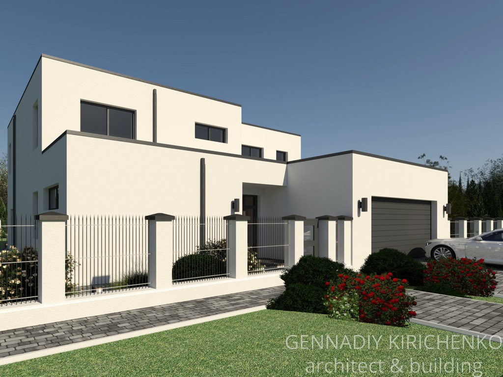 Проект двухэтажного дома с плоской кровлей и гаражом на 2 авто.