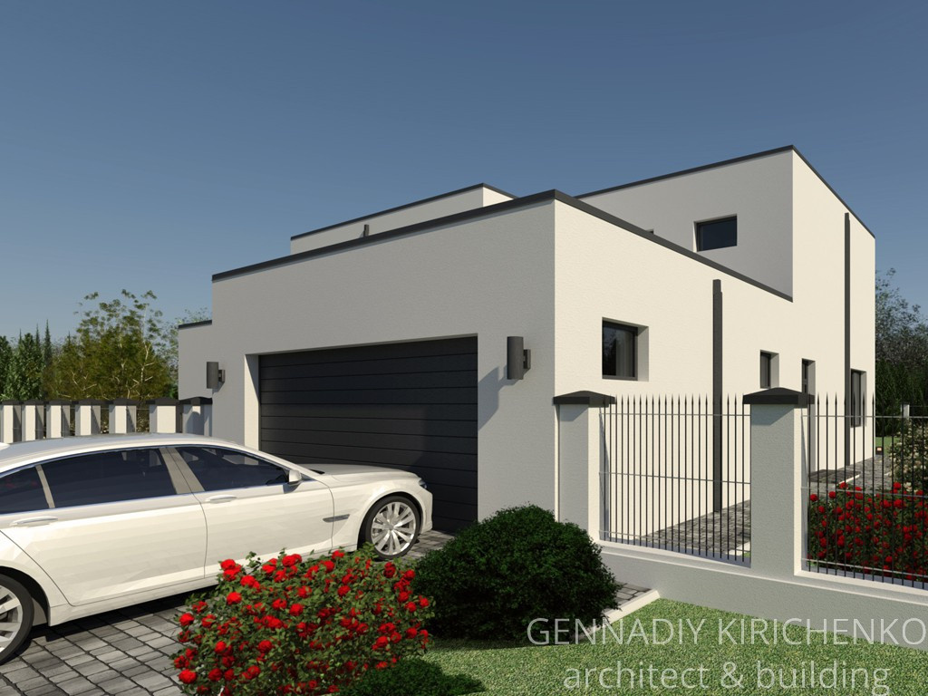 Проект двухэтажного дома с плоской кровлей и гаражом на 2 авто.