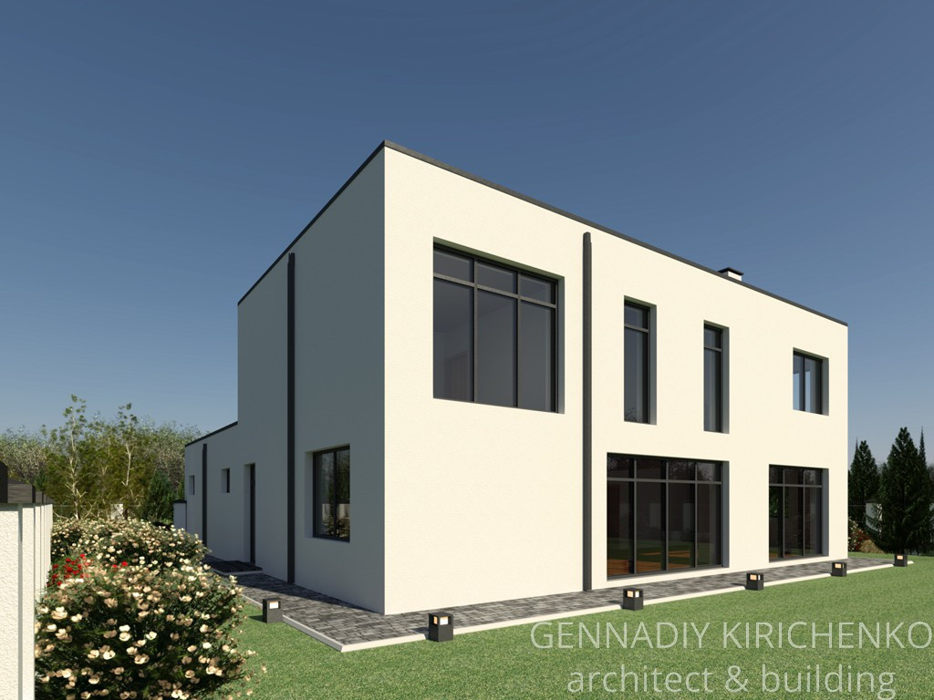 Проект двухэтажного дома с плоской кровлей и гаражом на 2 авто.