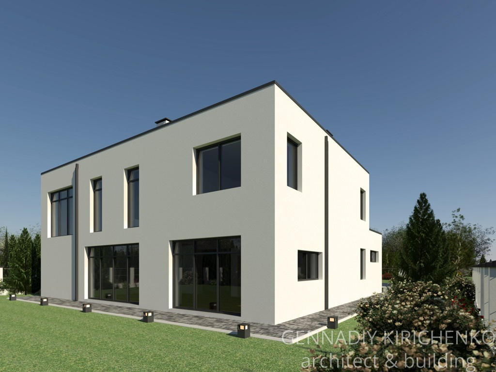 Проект двухэтажного дома с плоской кровлей и гаражом на 2 авто.