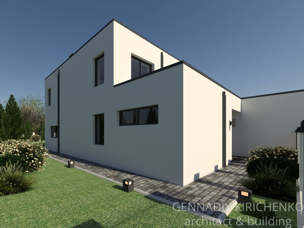 Обложка проекта: Проект двухэтажного дома с плоской кровлей и гаражом на 2 авто.