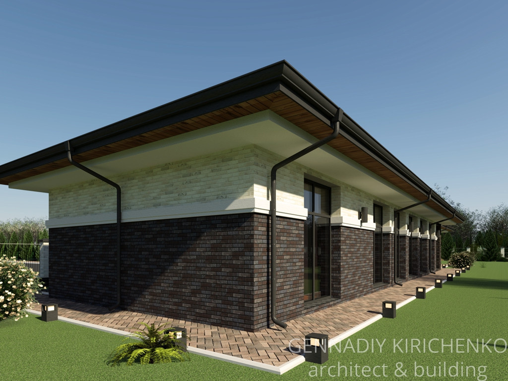 Проект большого одноэтажного дома с навесом, баней и сауной.