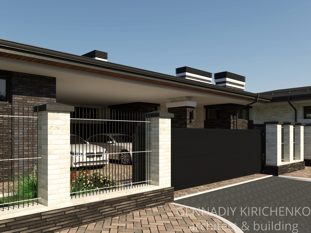 Проект большого одноэтажного дома с навесом, баней и сауной.