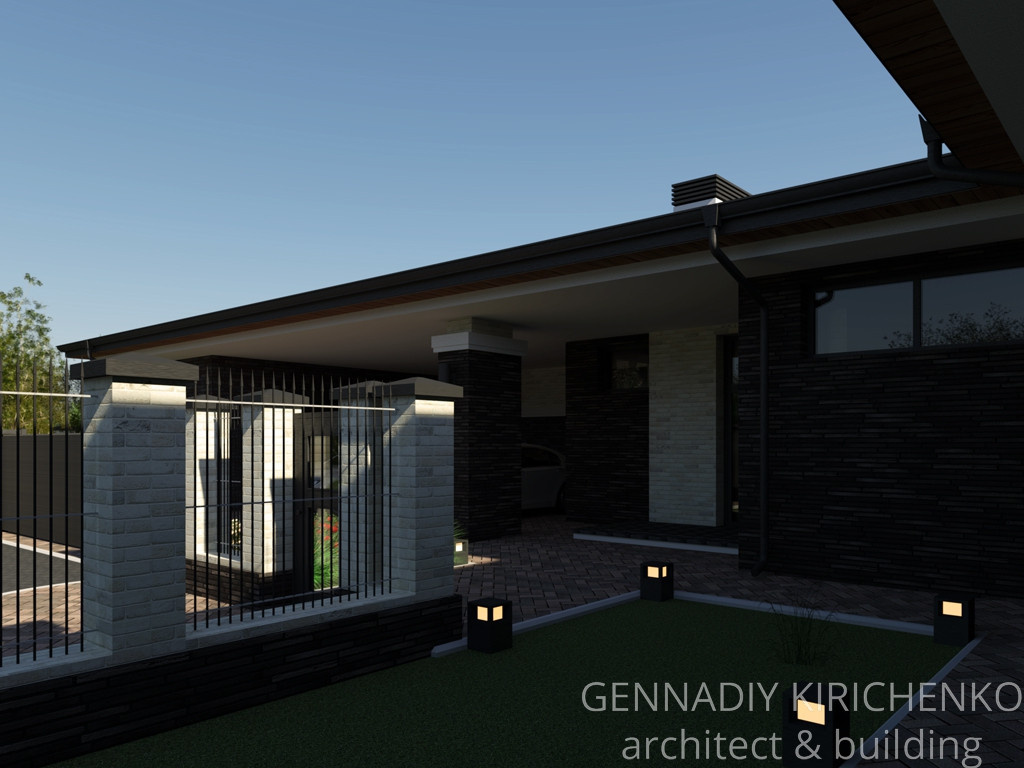 Проект большого одноэтажного дома с навесом, баней и сауной.