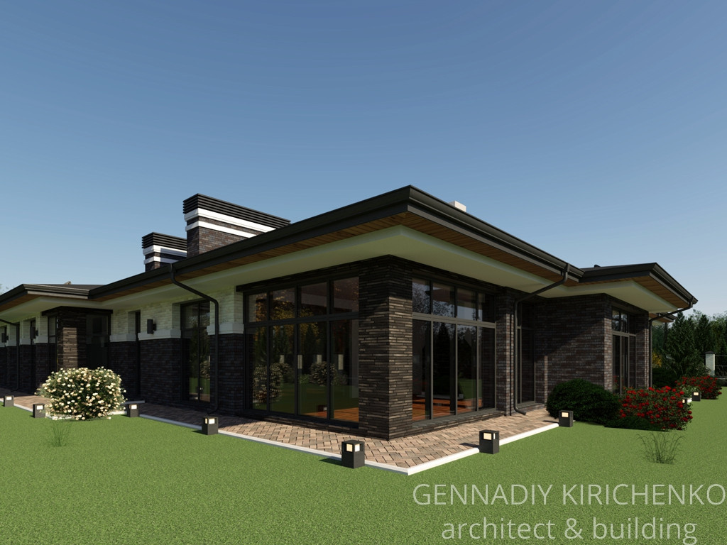 Проект большого одноэтажного дома с навесом, баней и сауной.