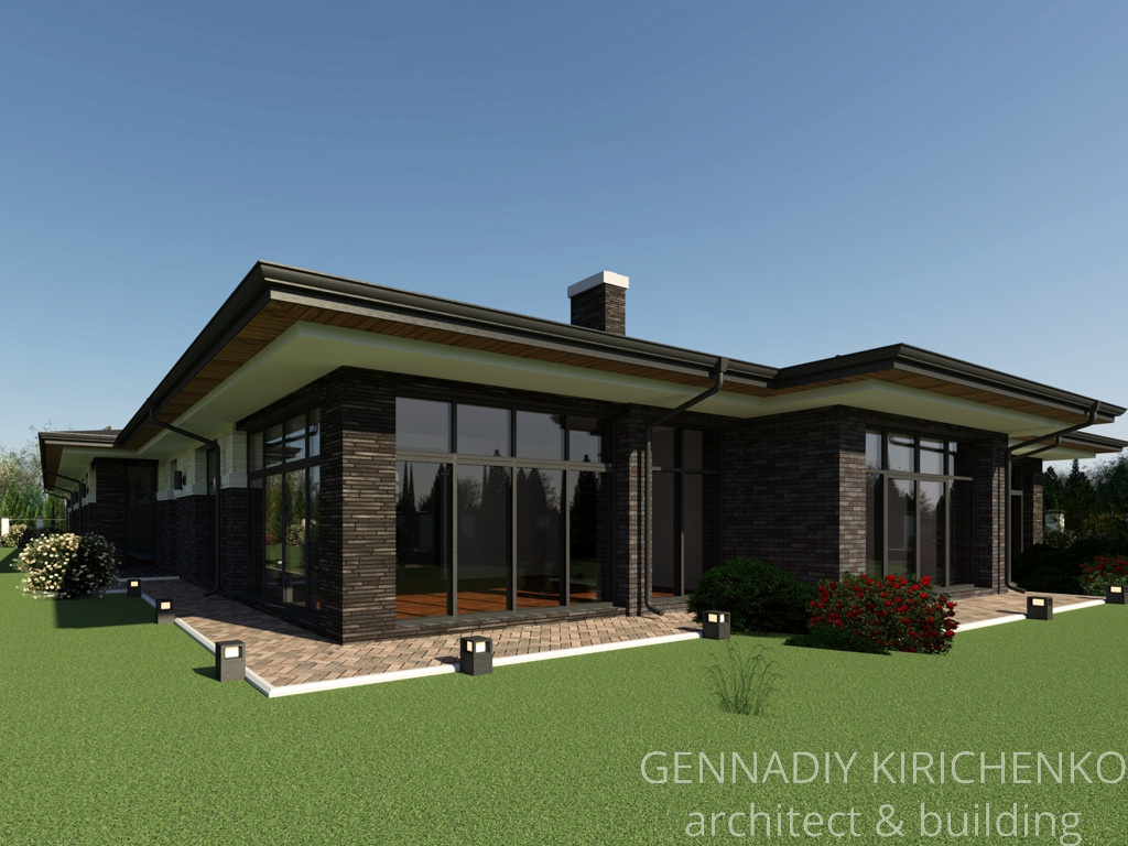 Проект большого одноэтажного дома с навесом, баней и сауной.