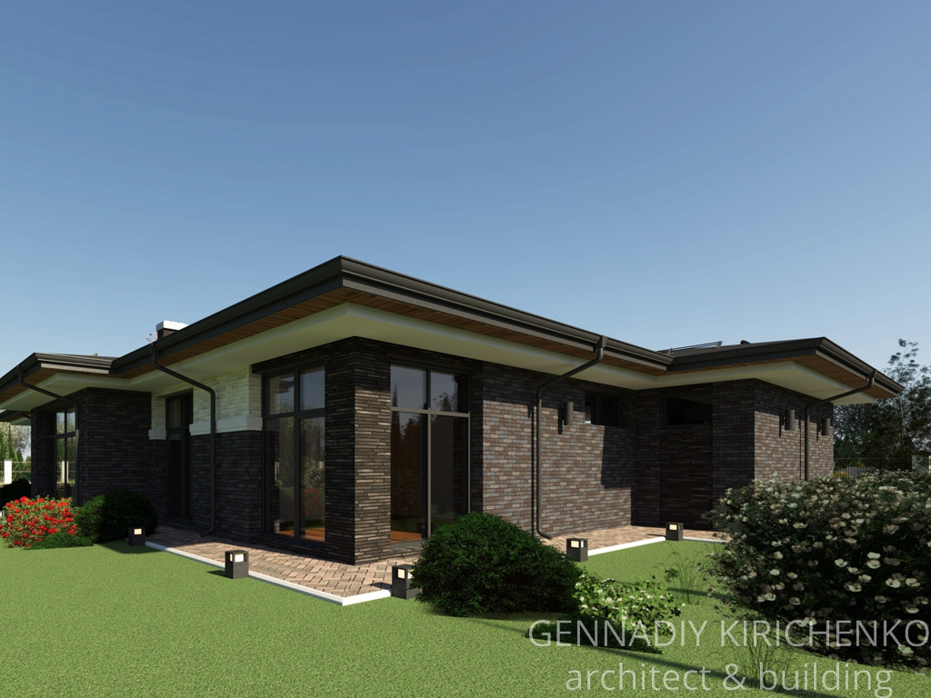 Проект большого одноэтажного дома с навесом, баней и сауной.