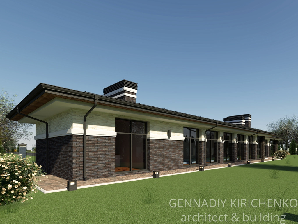 Проект большого одноэтажного дома с навесом, баней и сауной.