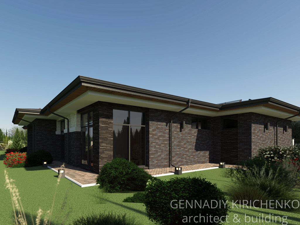 Проект большого одноэтажного дома с навесом, баней и сауной.