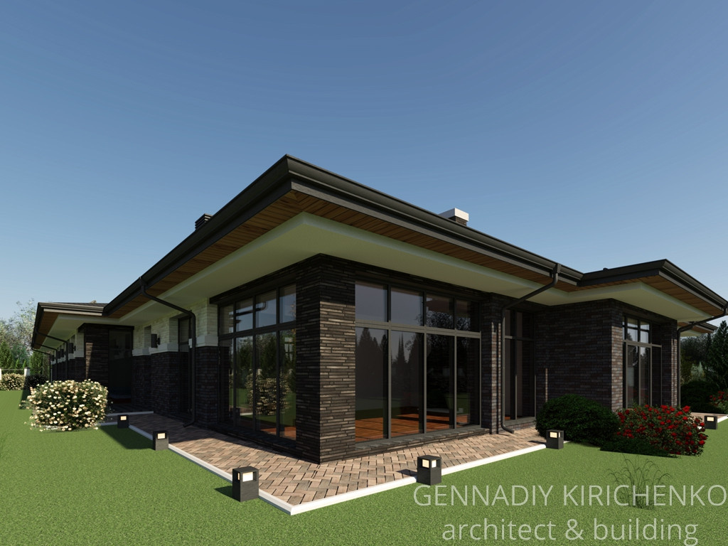 Проект большого одноэтажного дома с навесом, баней и сауной.