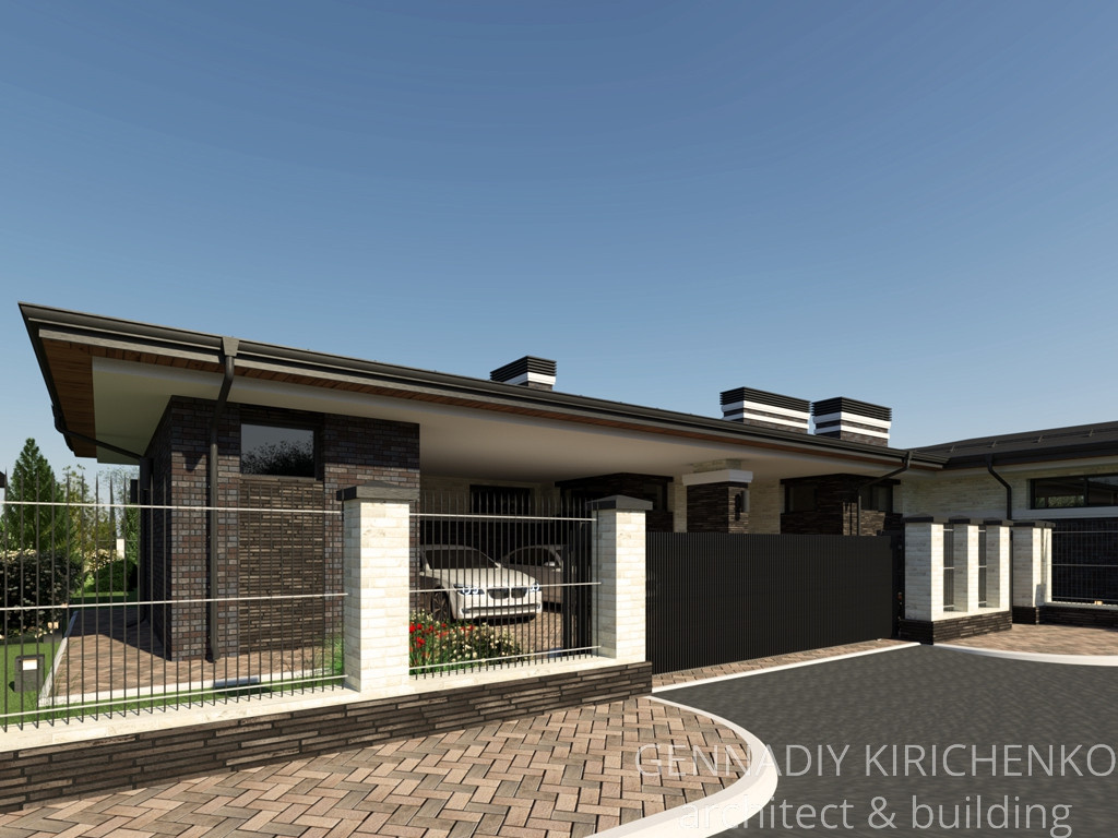 Проект большого одноэтажного дома с навесом, баней и сауной.