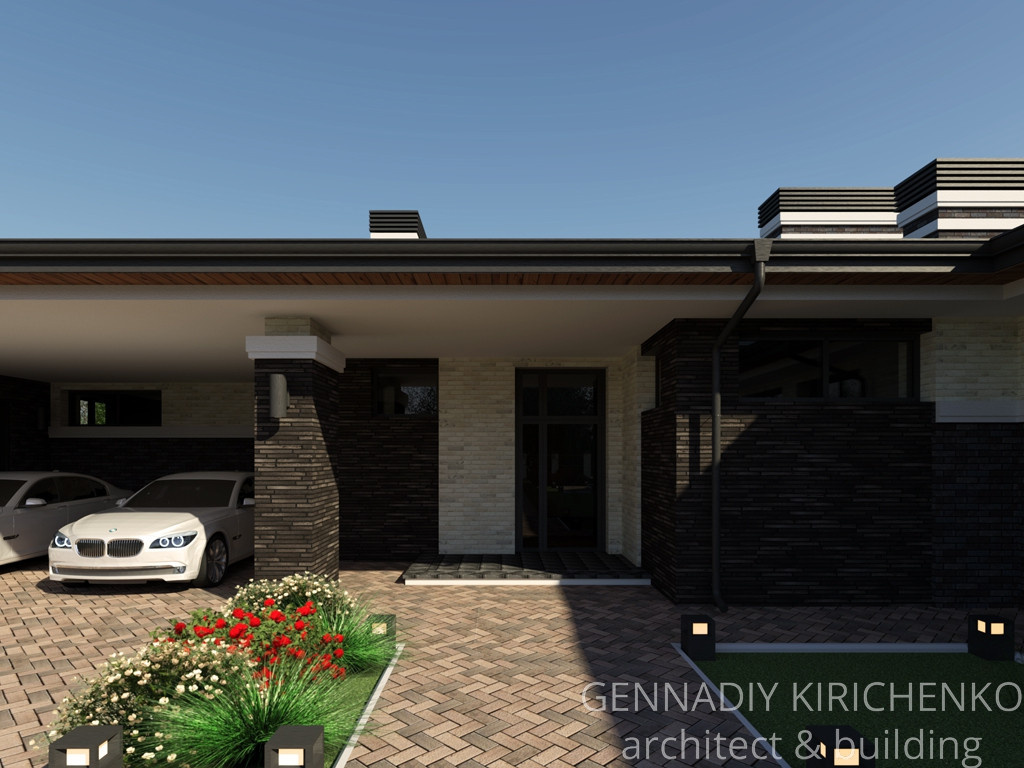 Проект большого одноэтажного дома с навесом, баней и сауной.