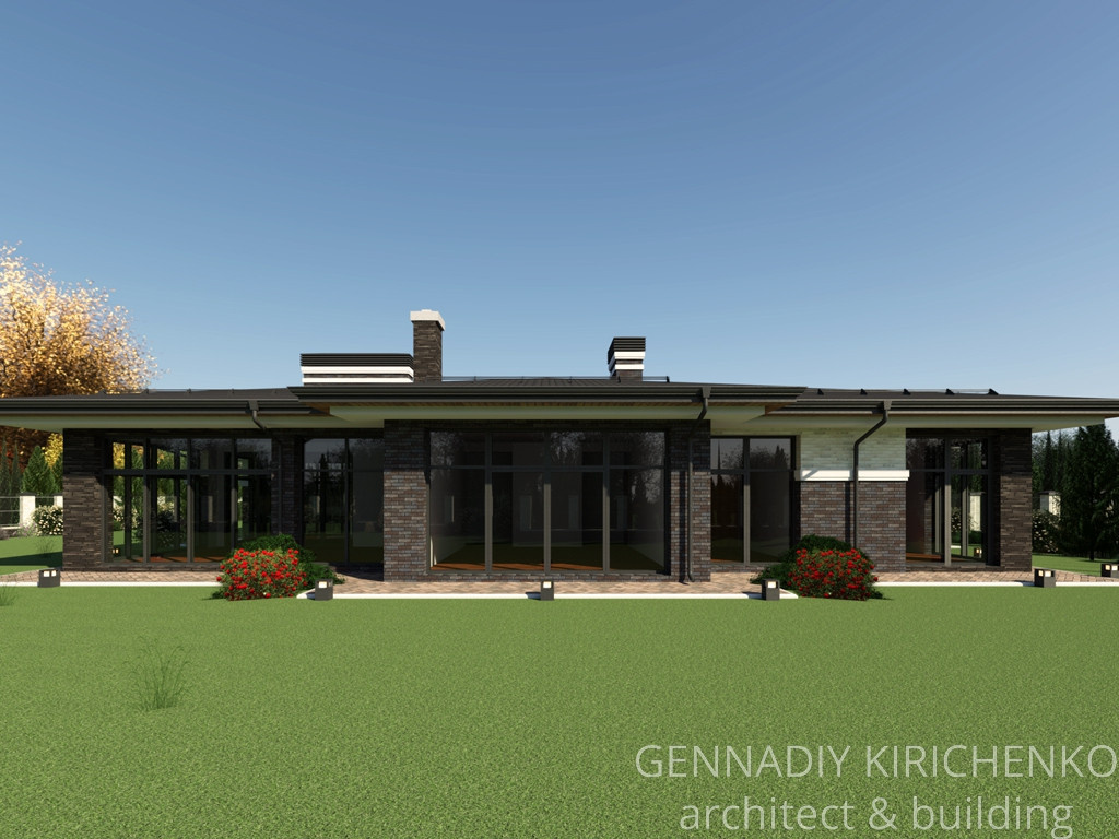 Проект большого одноэтажного дома с навесом, баней и сауной.