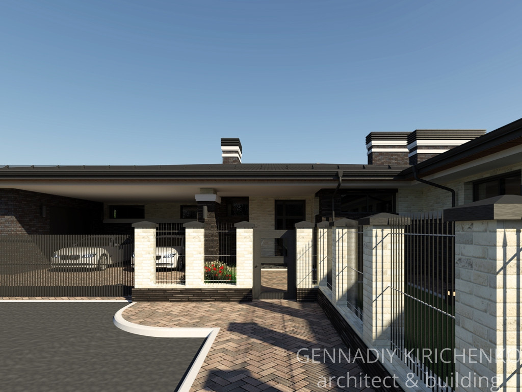 Обложка проекта: Проект большого одноэтажного дома с навесом, баней и сауной.