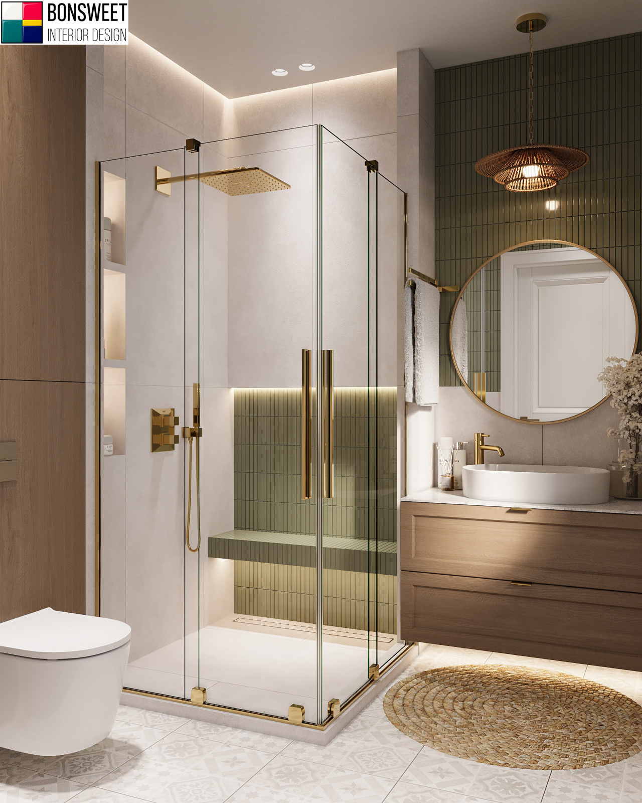 Душевая комната с зеленой мозаикой