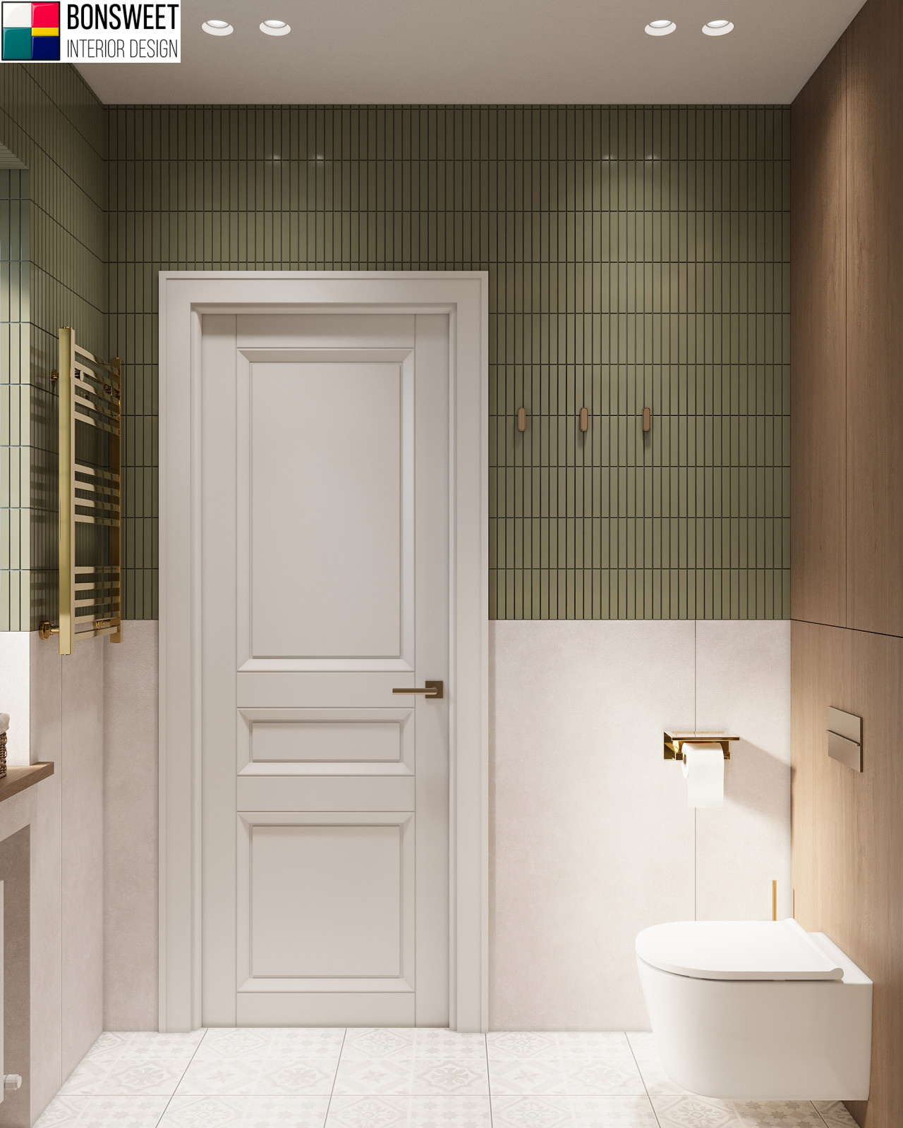 Душевая комната с зеленой мозаикой