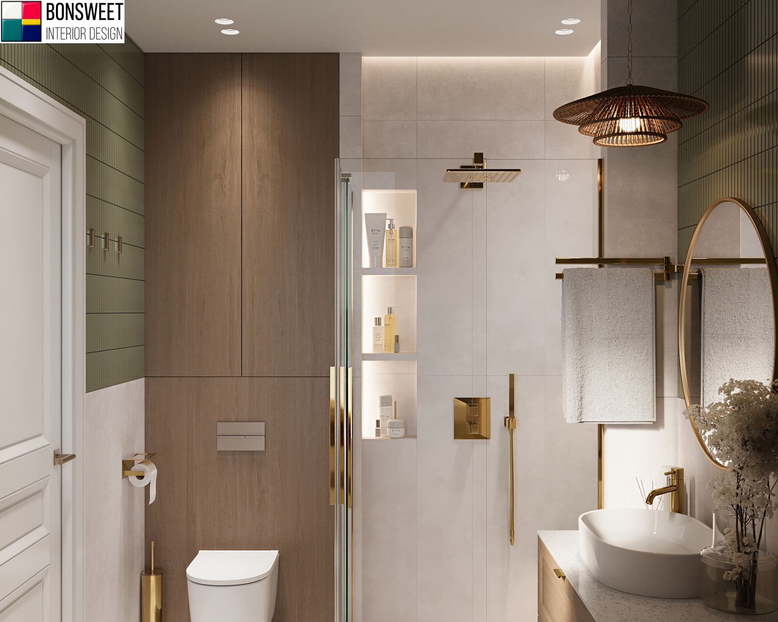 Душевая комната с зеленой мозаикой