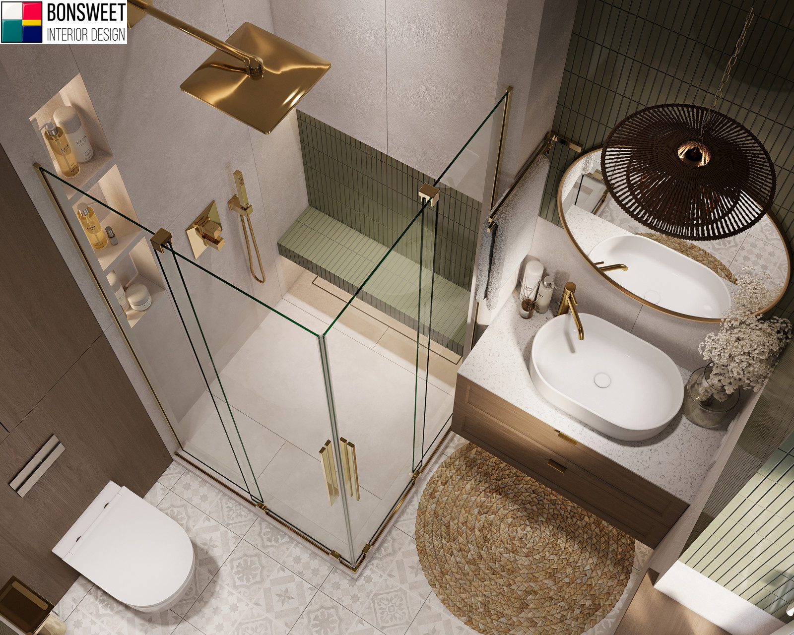 Душевая комната с зеленой мозаикой