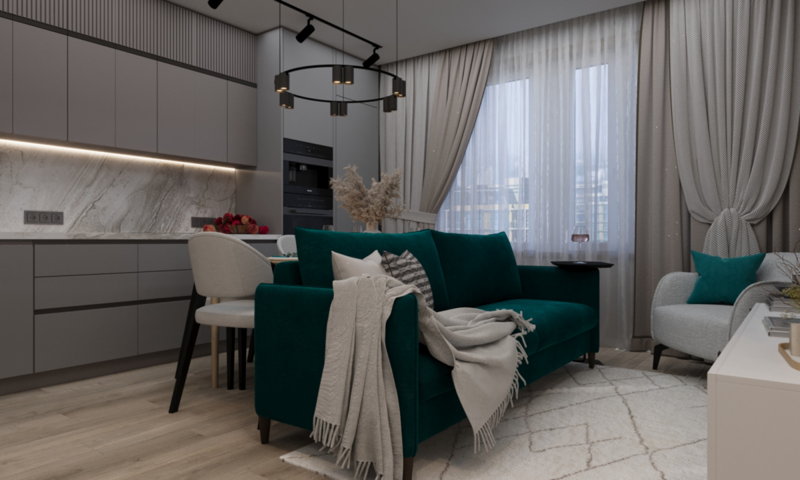 Обложка проекта: Визуализация кухни гостиной для молодой семьи с ребенком