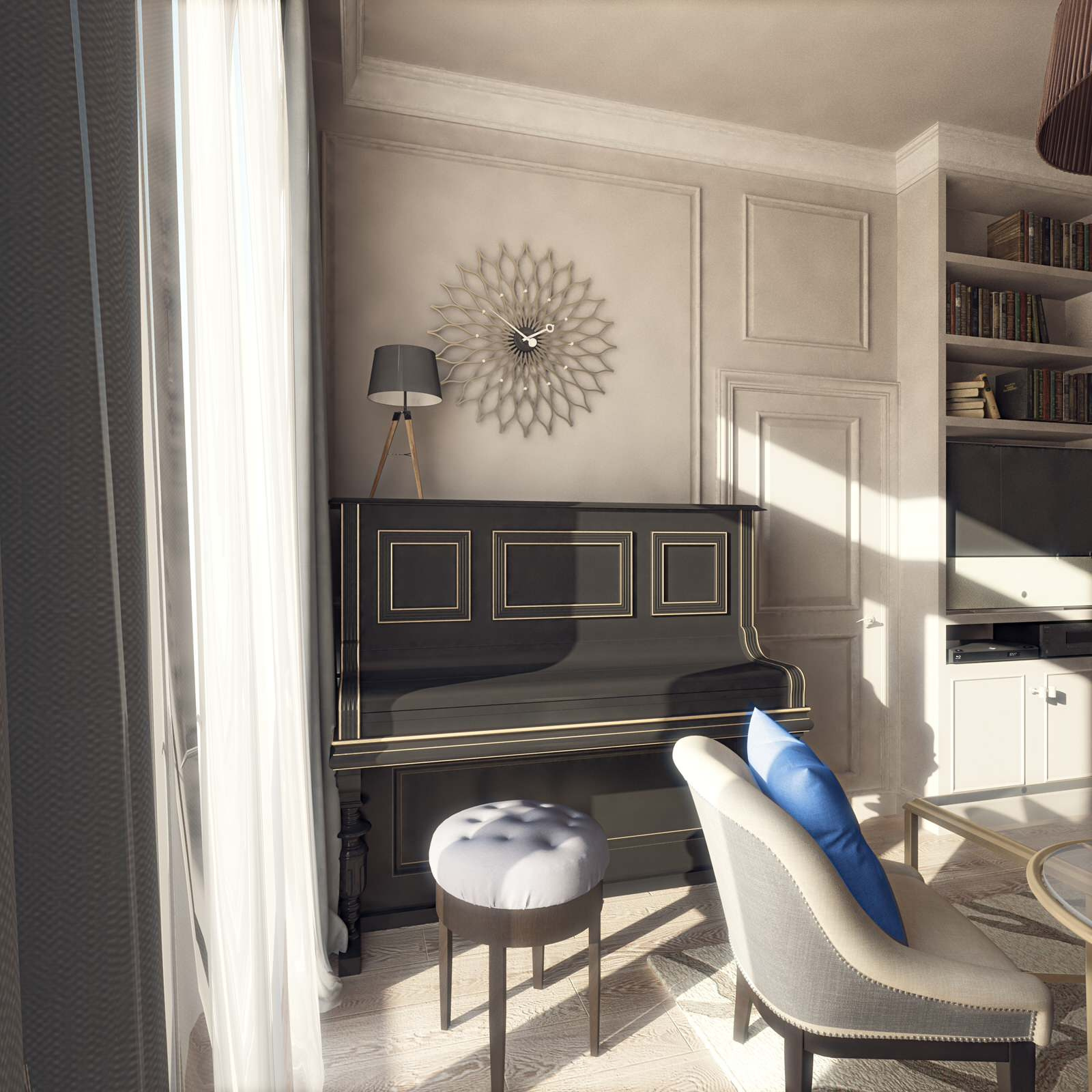 Transitional living room and bedroom