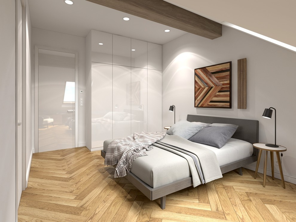 Cozy modern Bedroom Interior with wooden floors