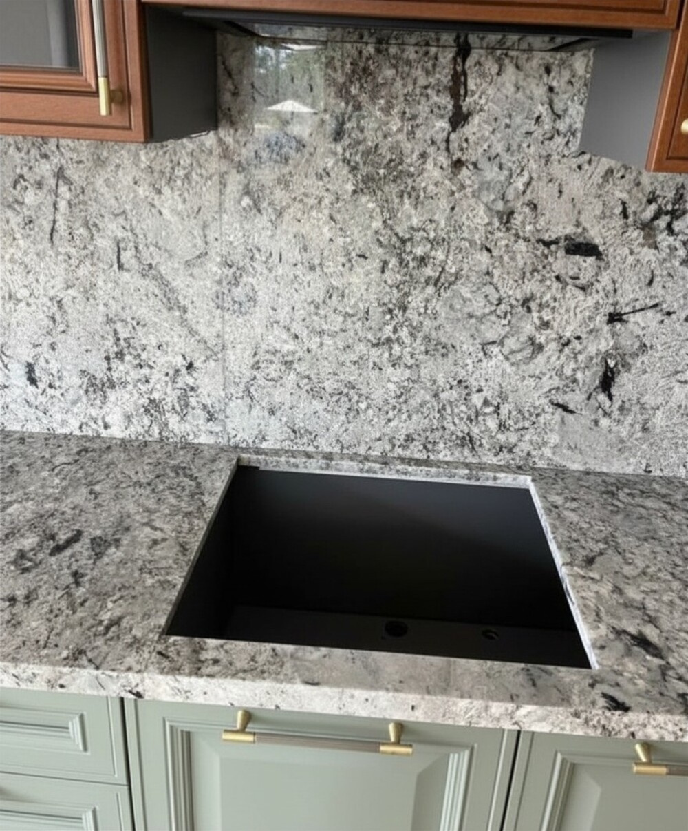 Столешница и фартук из гранита Aspen White · с врезной мойкой
