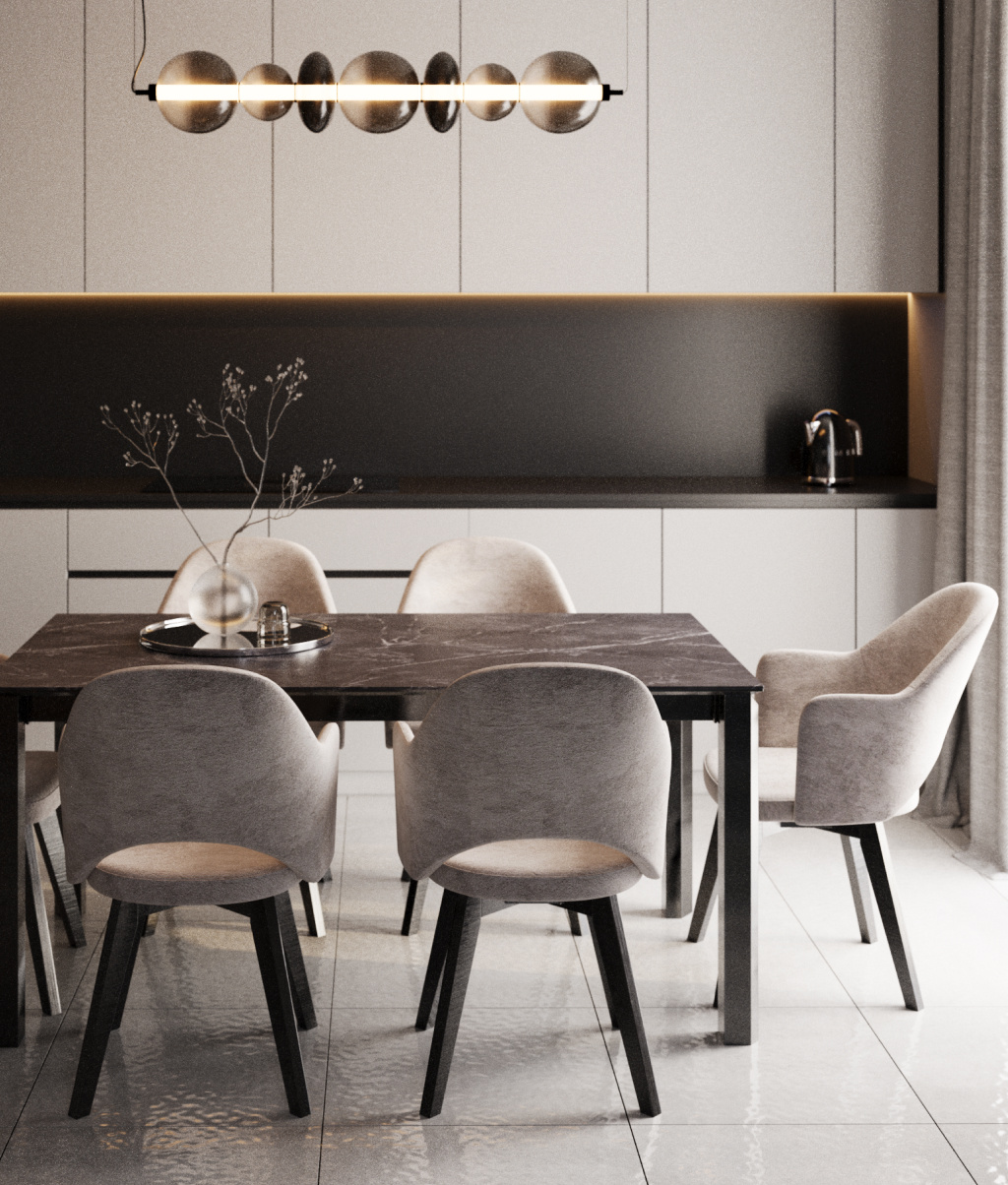Тёмная кухня-гостиная с обеденной группой: стол Кантри, стулья Версаль