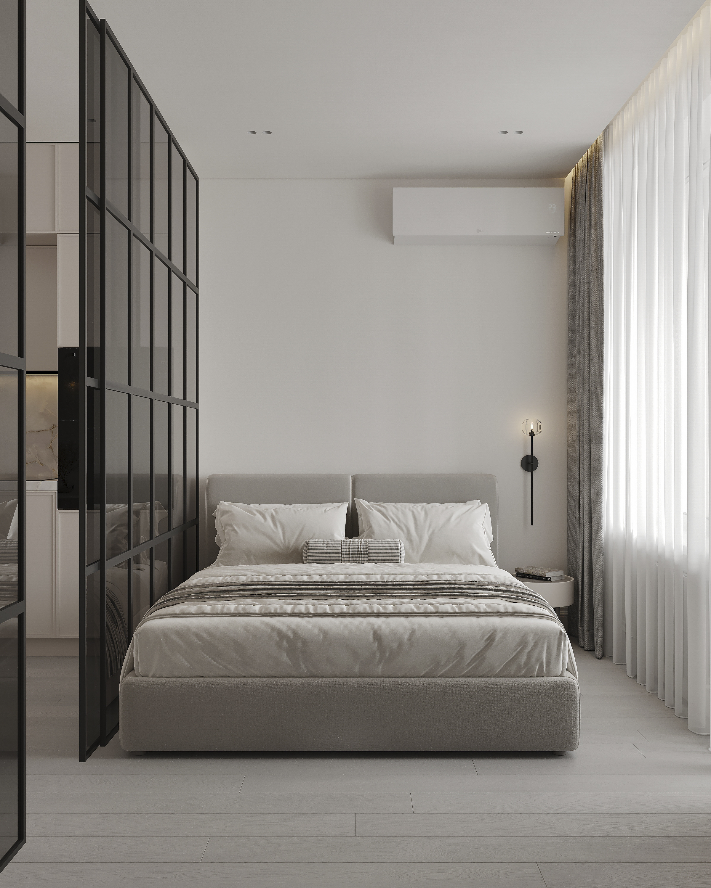 Квартира 30,71 м² с лоджией. Компактная студия со стеклянным зонированием