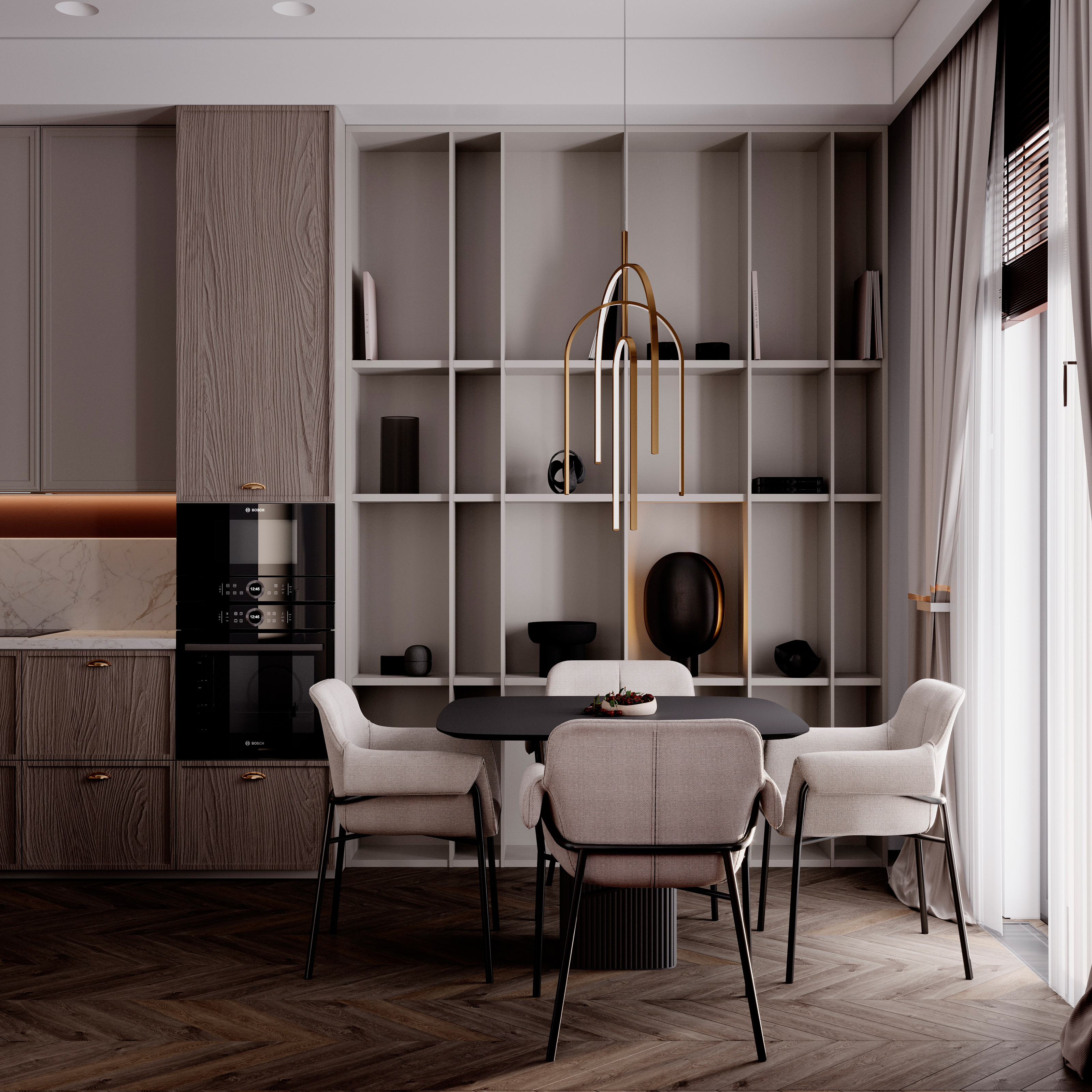современный минимализм с элементами mid-century modern и soft contemporary.