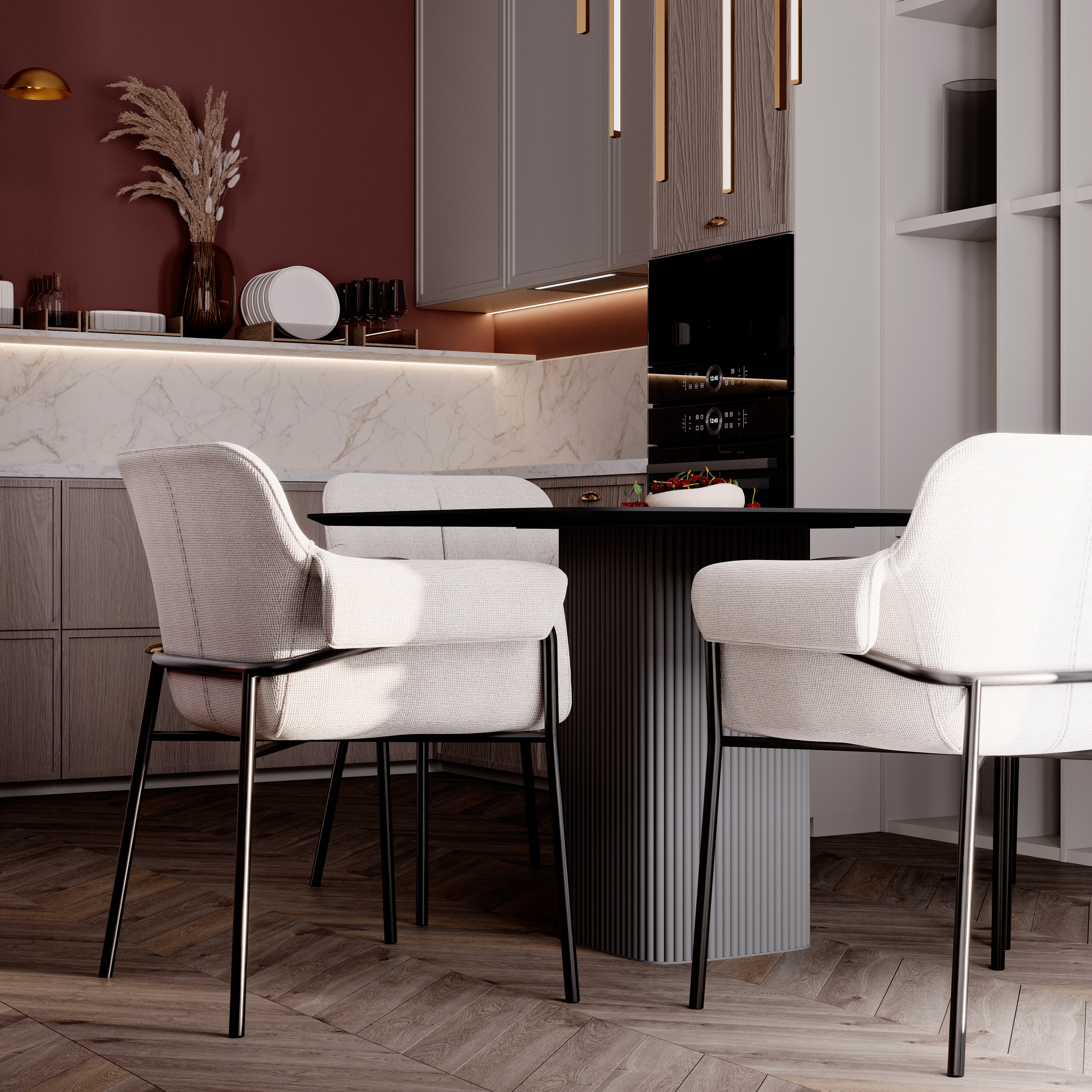 современный минимализм с элементами mid-century modern и soft contemporary.