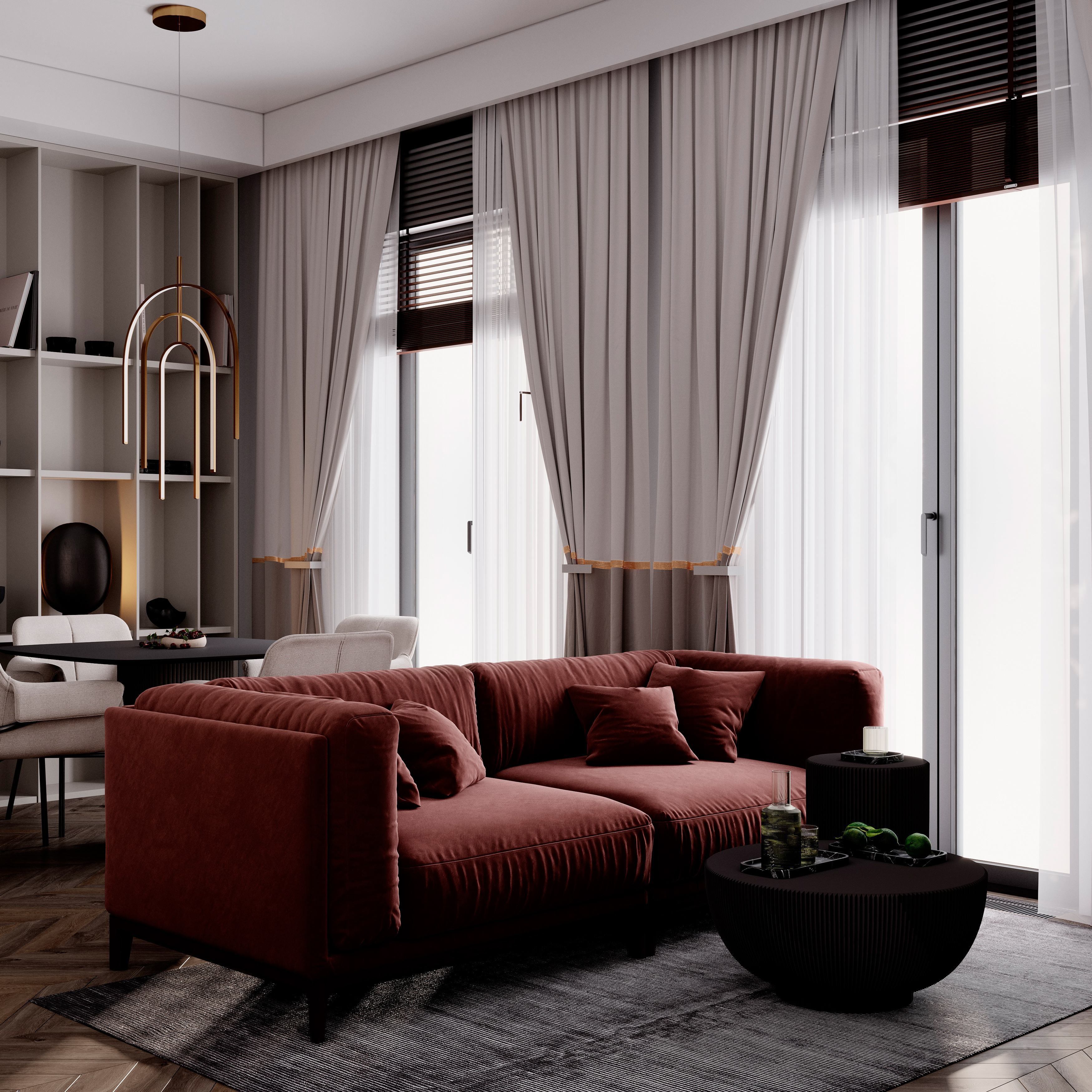 современный минимализм с элементами mid-century modern и soft contemporary.