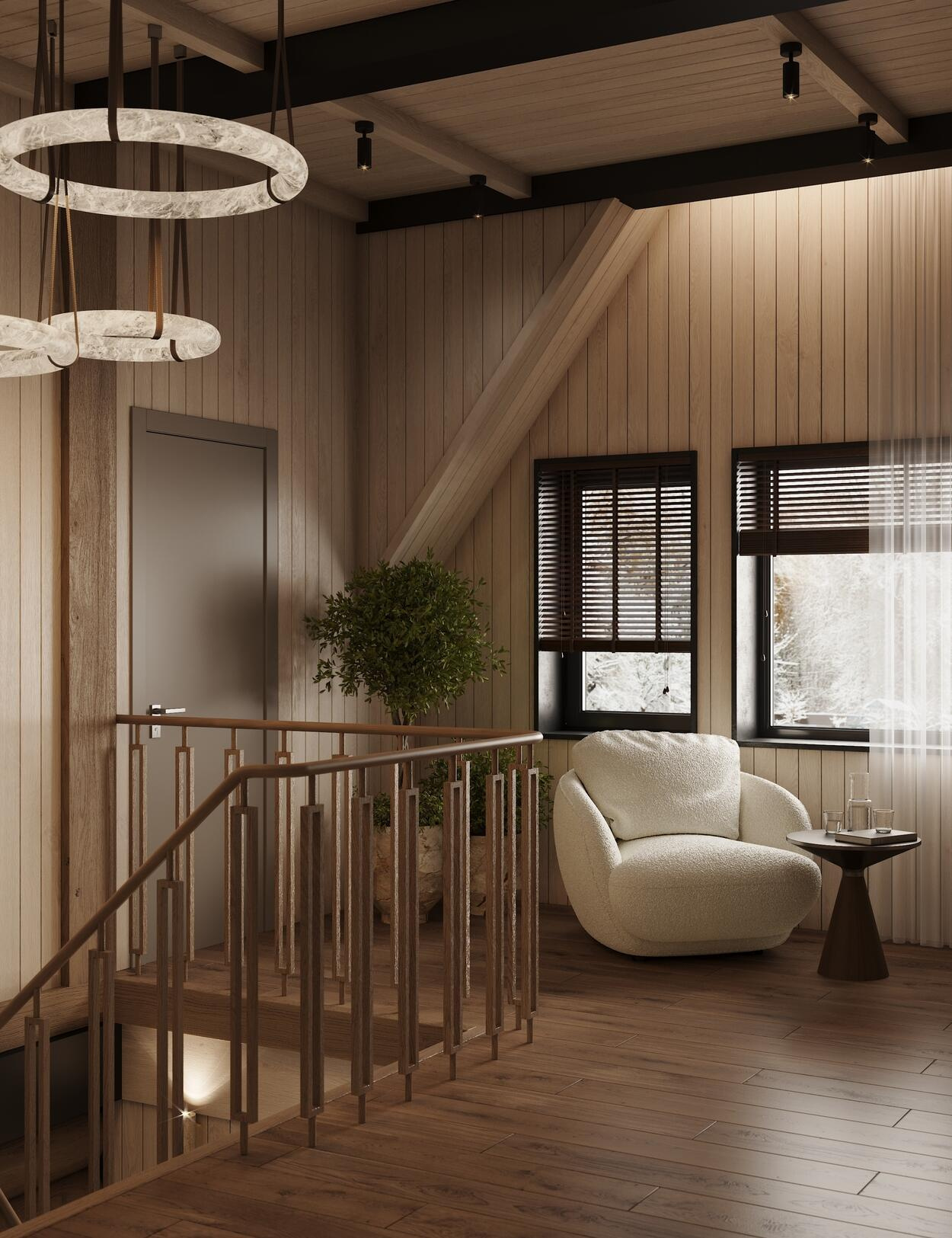 Дизайн интерьера дома в КП Образ Жизни «Лесная деревня» в стиле джапанди